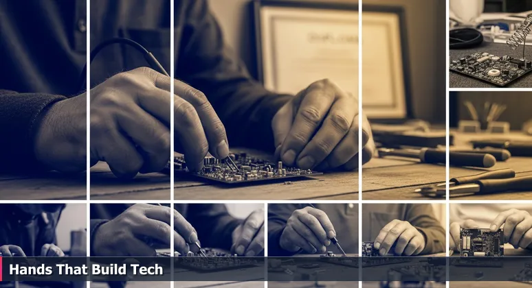 Skilled hands assembling a circuit board on a wooden workbench, with a blurred diploma on the wall, symbolizing the shift to skills-based tech careers in Round Rock, TX.