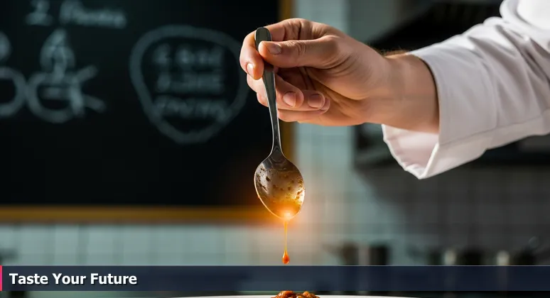 A chef's hand holding a tasting spoon over a multi-layered sauce, with a chalkboard list in background, symbolizing career choice for junior developers in Round Rock.