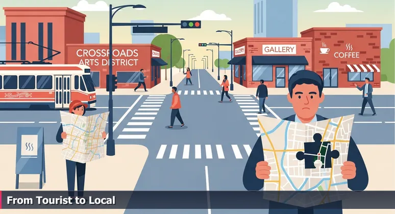A tourist looking confused with a paper map in Kansas City, while locals confidently navigate tech hubs and coffee shops, symbolizing the journey from AI skill tourist to career local.