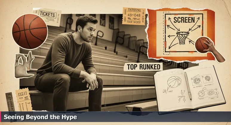 A basketball scout intently watches a player making strategic passes in a gym, symbolizing Kansas City AI startups focusing on foundational, practical applications.