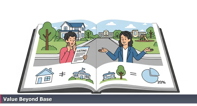 A person in Kansas City looking shocked at a house listing, with a realtor smiling and pointing to neighborhood amenities, symbolizing salary evaluation beyond base pay.