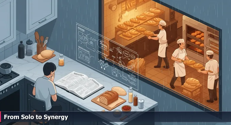 A home cook isolated in a kitchen with failed bread, contrasted with a collaborative bakery across the street, symbolizing the importance of AI communities.