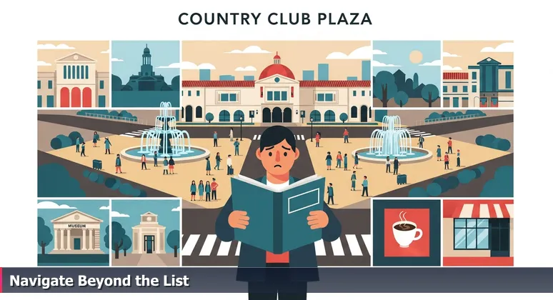 A person at a crossroads in Kansas City's Country Club Plaza, holding a bootcamp guidebook, looking confused between two paths symbolizing AI education choices.