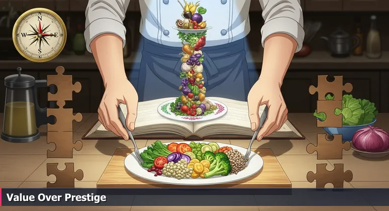 A chef's hands preparing a simple, balanced meal with affordable ingredients next to an extravagant, costly dish, symbolizing the value of Kansas City's tech career opportunities.