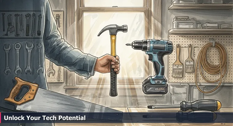 A person in a Kansas City community tool shed hesitating between a hammer and drill, symbolizing free tech training choices for career growth in AI and tech.