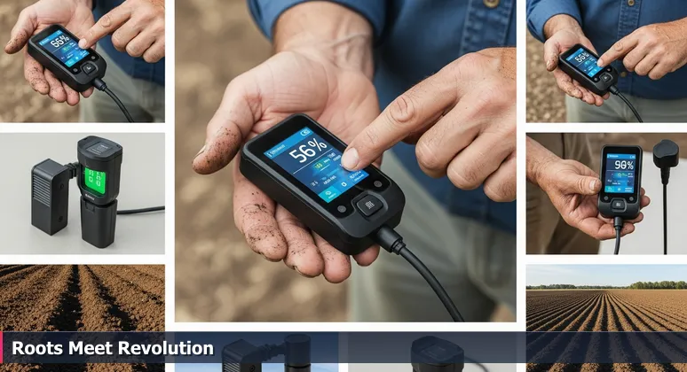 A farmer's weathered hands hold a sleek soil sensor in a Kansas City field, symbolizing AI integration into traditional industries like those ranked in the article.