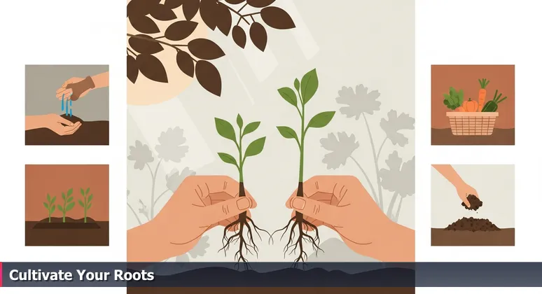 Close-up of hands gently untangling plant roots in a Kansas City community garden, symbolizing nurturing support for women in tech networks.