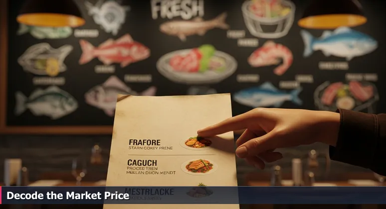 A hand pointing at 'Market Price' on a menu in a Lafayette seafood restaurant, symbolizing tech career uncertainty