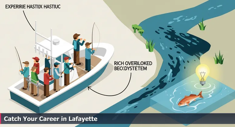 An angler on a crowded charter boat gazes towards a vibrant bayou, symbolizing overlooked tech career opportunities in Lafayette, Louisiana.