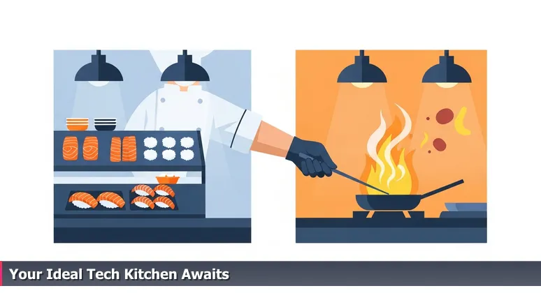 A chef in a professional kitchen choosing between cooking stations, symbolizing the search for the right tech coworking space in Lafayette, LA for AI and machine learning professionals.