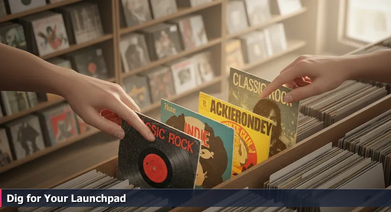 Hands flipping through vinyl records in a record store, symbolizing the search for the right tech startup in Lafayette for junior developers.