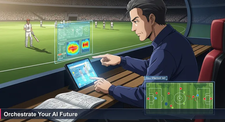 Cricket coach in dugout using tablet to analyze data and strategize field positioning, symbolizing AI career orchestration in Pakistan