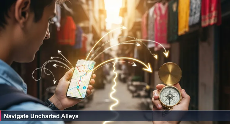 A person holding a phone with a digital map, standing at an intersection in Lahore's Old City, surrounded by narrow, unmarked alleys not shown on the map.