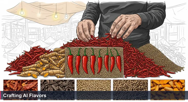 A spice vendor's weathered hands in a bustling Pakistani market, sifting through vibrant red chilies and turmeric roots, symbolizing the curation of top AI startups.