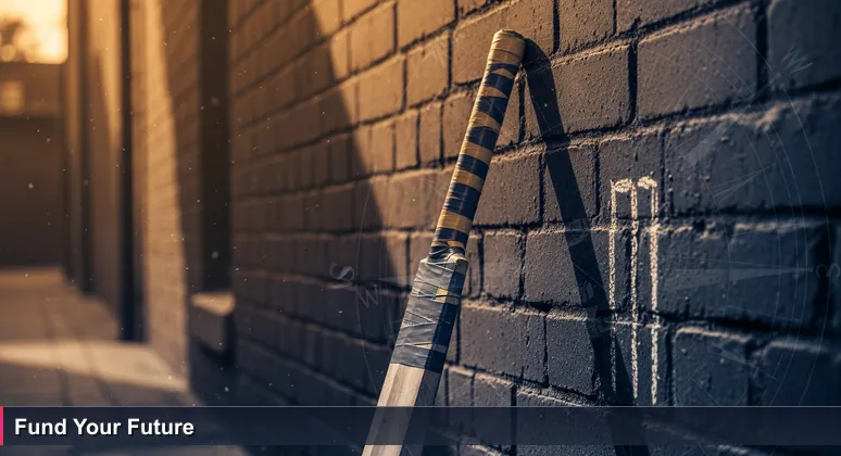 A worn cricket bat with taped handle leaning against a dusty wall in a Lahore street, symbolizing resourceful funding for tech training in Pakistan.
