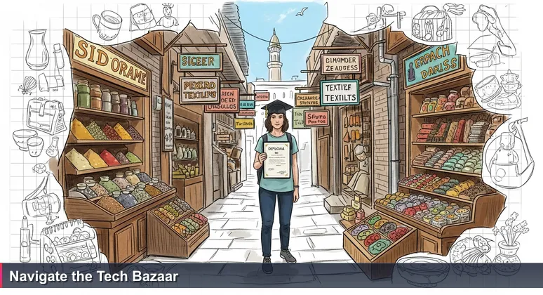 A young graduate looking overwhelmed at the bustling entrance of a Pakistani bazaar, symbolizing the chaotic tech job market opportunities in 2026.