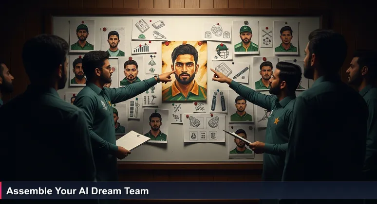 A tense cricket selection committee in Pakistan debates over a whiteboard with AI bootcamp names and stats, symbolizing strategic career choices for tech aspirants in Karachi, Lahore, and Islamabad.
