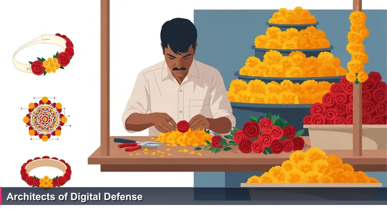 A florist at a Pakistani market stall weaving a sehra from marigolds and roses, symbolizing the specialized skill for cybersecurity careers in 2026.