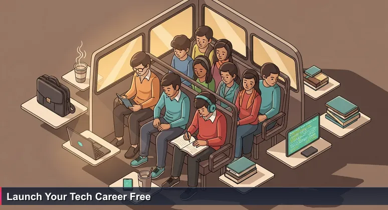 A young person coding in a packed public van at dawn in Lahore, symbolizing the start of a free tech training journey in Pakistan.