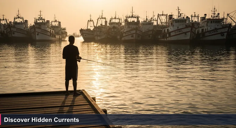 A lone fisher on a Karachi dock at dawn, gazing past crowded trawlers to calm waters, symbolizing AI opportunities in Pakistan's traditional industries.