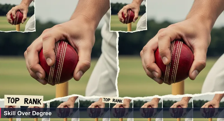 Close-up of a young bowler's hand gripping a red cricket ball, symbolizing skill and performance in tech job trials across Pakistan's bustling hubs like Karachi and Lahore.