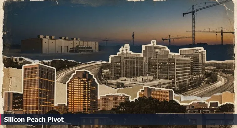 Dusk skyline of downtown Atlanta with illuminated office towers, a university research building visible, cranes, and a distant data-center-style facility