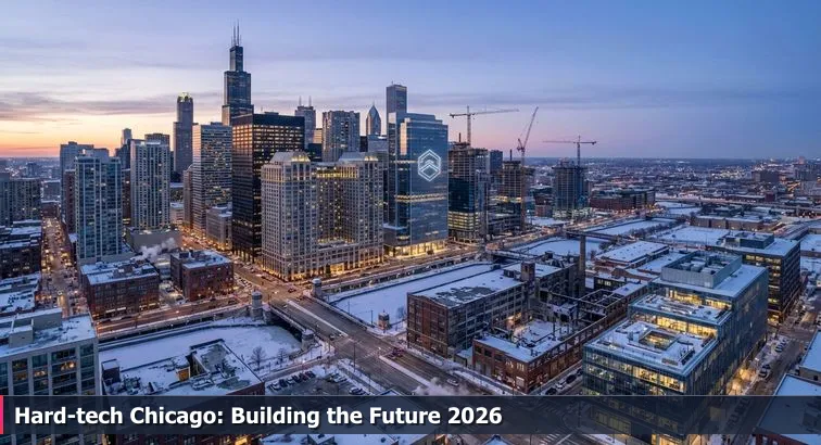 Dusk view of downtown Chicago Loop skyline with lit office towers, construction cranes, and a nearby industrial site under redevelopment for an innovation campus.