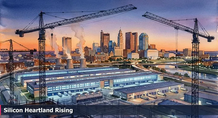 Columbus skyline at dusk with construction cranes and a lit industrial campus or data center on the edge of the city