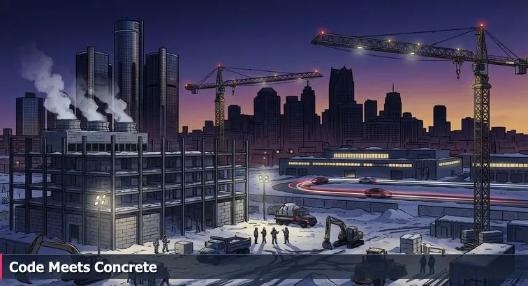 Downtown Detroit at dusk with construction cranes, an auto plant and a partially built data center complex under a winter sky.