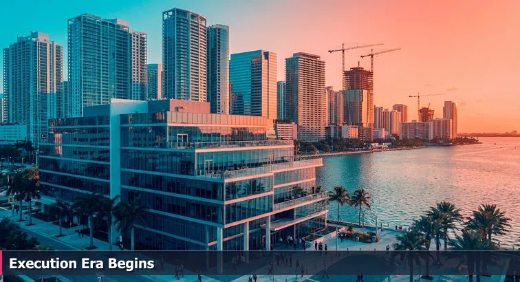 Downtown Miami skyline with waterfront, cranes, glass office towers, and people entering a modern tech campus building