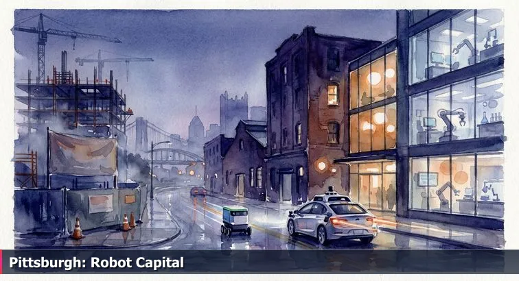 Evening view of Pittsburgh’s Strip District with glass-fronted robotics offices, a self-driving test vehicle and a small delivery robot on the street.