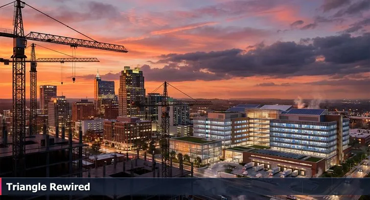 Downtown Raleigh skyline at sunset with construction cranes and a nearby biomanufacturing campus visible in the distance