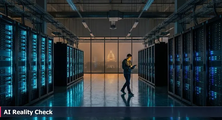 Engineer walking between glowing server racks with a faint U.S. Capitol dome visible through a distant glass wall