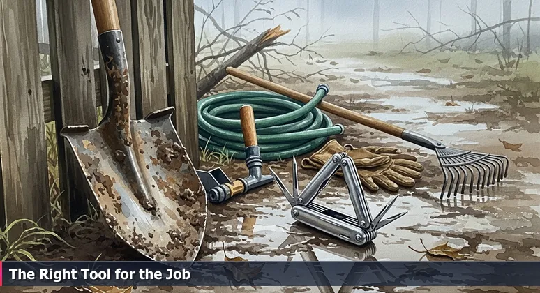 Hands in work gloves choosing between a multi-tool and a shovel in a muddy Detroit yard, symbolizing practical AI innovation.