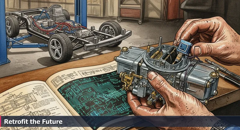 Worn hands of a mechanic retrofitting a vintage carburetor with a sensor, with a modern electric vehicle chassis blurred in the background, symbolizing Detroit's AI integration.