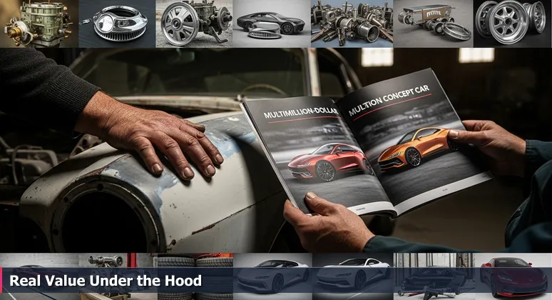 A mechanic's grease-stained hands on a half-restored classic car fender in a Detroit brick workshop, holding a glossy auction catalog.