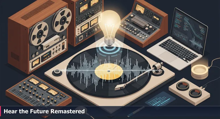 A vinyl record on a turntable with glowing digital waveform overlays, symbolizing Detroit's tech evolution from industrial roots to AI and mobility innovation.