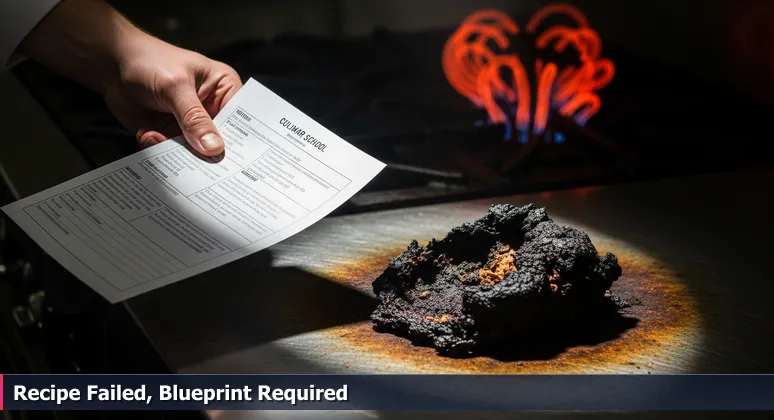 A chef's hand holds a detailed recipe next to a charred dish on a Detroit steel counter, symbolizing the need for localized AI career strategies.