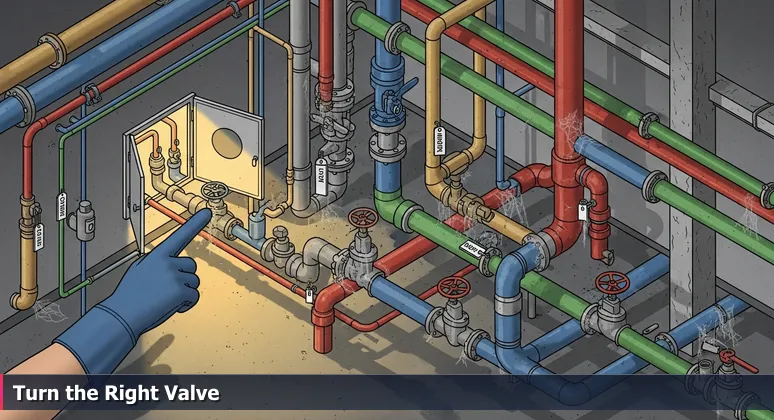 A hand traces industrial pipes and valves in a Detroit basement, symbolizing funding pathways for tech training in 2026.