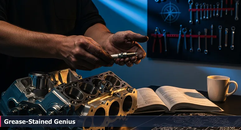 Close-up of experienced, oil-stained hands holding a spark plug over a clean rebuilt engine in a Detroit garage, with an open manual and coffee mug nearby, symbolizing practical AI learning