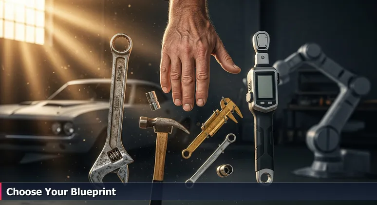 A craftsman's hand hovers between a traditional wrench and a digital torque wrench in a Detroit workshop, with a classic car and robotic arm in the background.