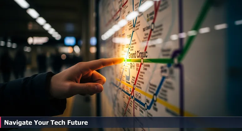 A hand traces a route on a detailed subway map in a Detroit transit station, symbolizing career pathways into tech apprenticeships and internships for 2026.