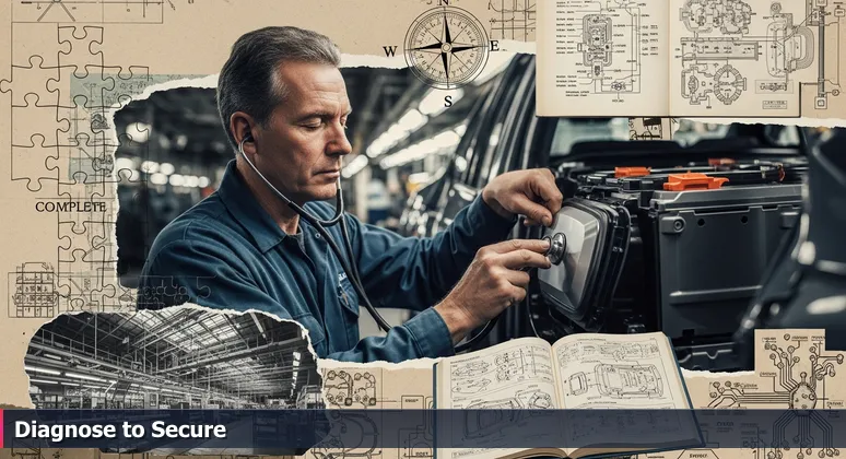 A veteran factory worker using a stethoscope to diagnose an electric vehicle's battery system, symbolizing cybersecurity in Detroit's industrial landscape.