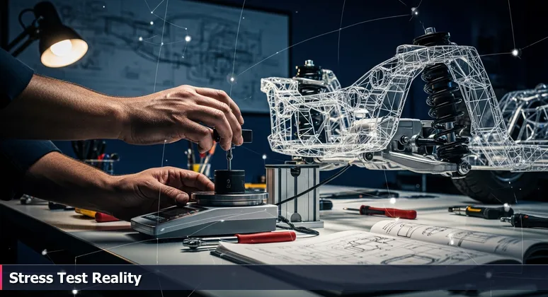 Close-up of automotive engineer's hands placing calibrated weights on a suspension prototype in a Detroit R&D lab, symbolizing the stress test of financial affordability.