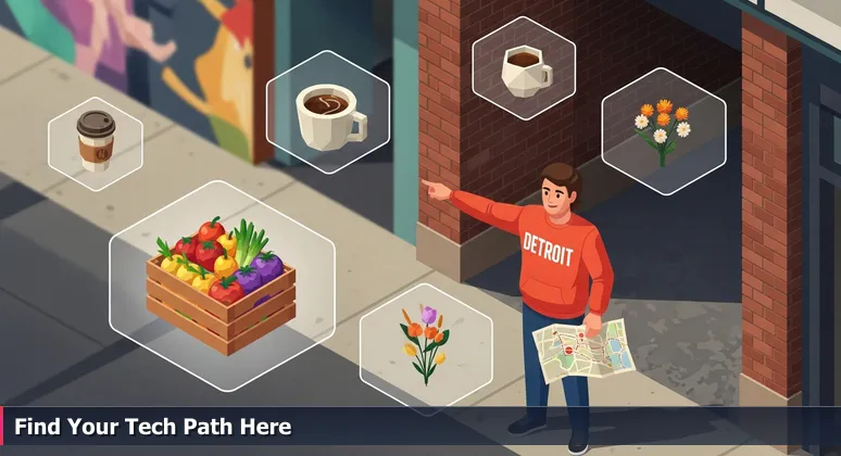 A person in a Detroit sweatshirt points down an Eastern Market alley with a hand-drawn map, highlighting hidden free tech training opportunities for aspiring AI professionals.
