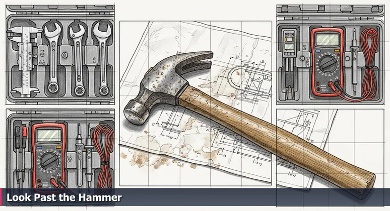 A gritty Detroit garage workbench with a hammer on a stained blueprint and an open toolbox revealing specialized tools like calipers and multimeters, symbolizing diverse AI career opportunities.