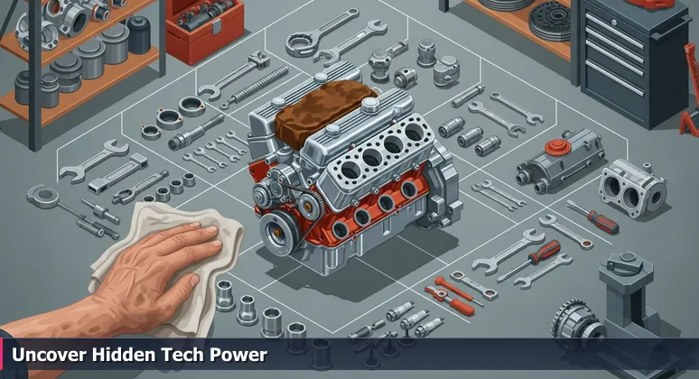 A mechanic's hand wiping grease from a classic car engine to reveal shiny machinery, symbolizing hidden tech talent in Detroit's job market.
