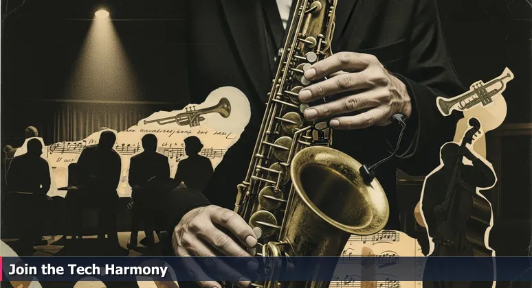 Close-up of a saxophonist's fingers on keys in a dim Detroit jazz club, with blurred silhouettes of other musicians in the background, symbolizing community support in tech.