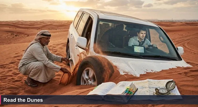 A white 4x4 stuck nose-down in a red Al Ain dune at golden hour; a young professional grips the wheel while a Bedouin guide kneels in the sand, feeling its texture and signaling a way forward.