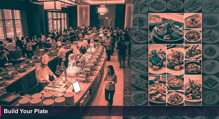 Overhead view of a busy Dubai Marina Friday brunch buffet with a diner holding a plate, staring at a glossy tent card that reads 'Top 10 Must-Try Dishes'.